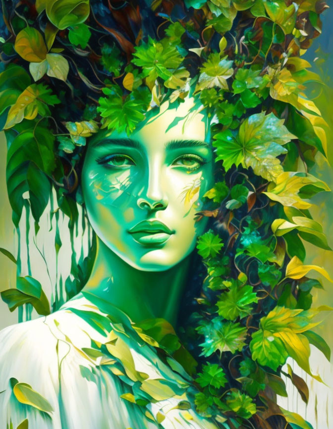 Vibrant digital portrait: Woman with green skin, adorned with leaves and vines