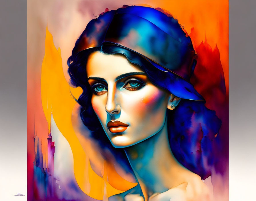 Colorful Stylized Woman with Blue Eyes in Hat on Fiery Background