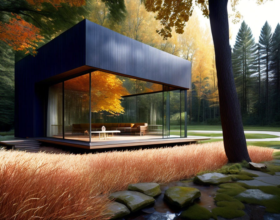 Contemporary glass house with dark blue roof in natural setting