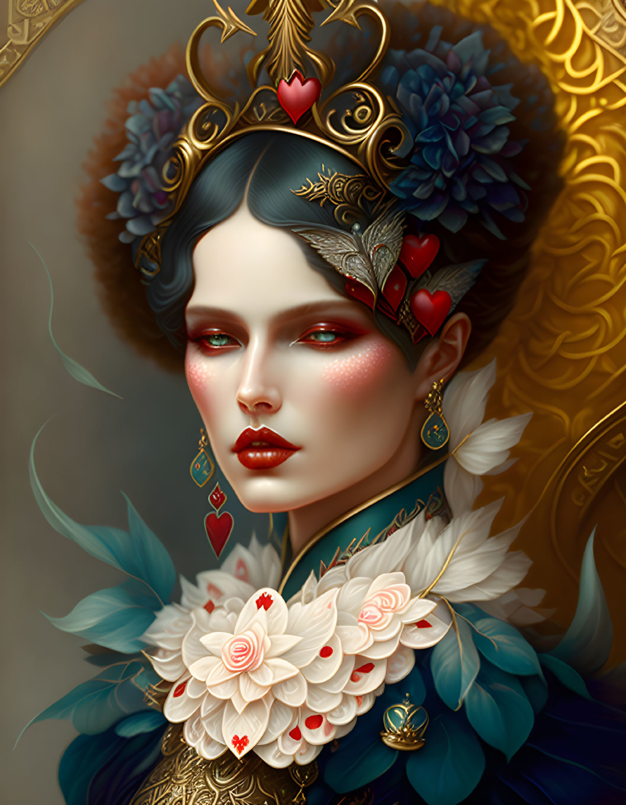 Portrait of Woman with Blue Hair and Floral Crown, Intricate Jewelry, Decorative Collar