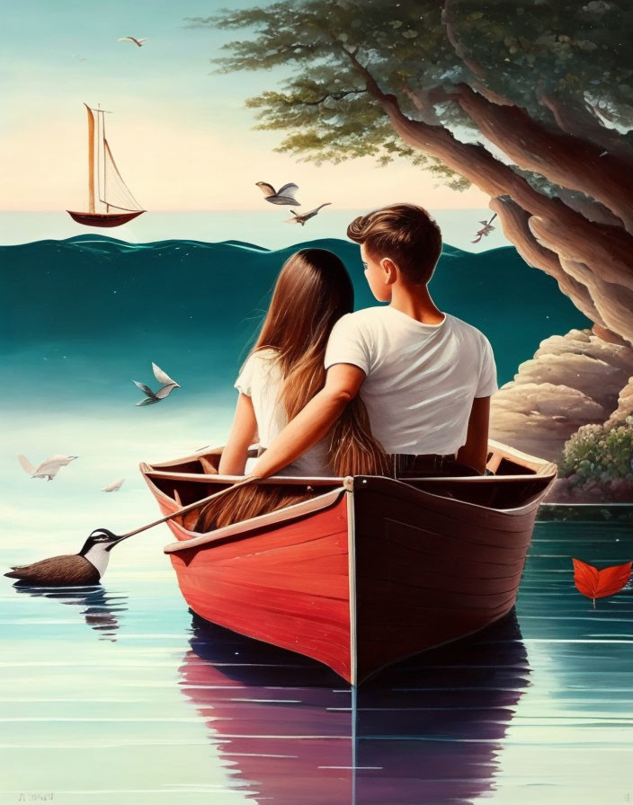 Couple in red boat admiring serene lake with birds and sailboat