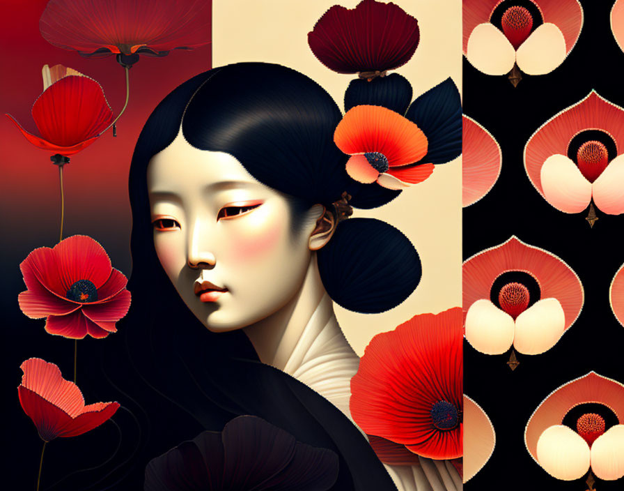 Asian woman surrounded by red and black flowers on dark background