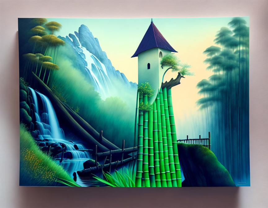 Fantasy canvas painting: Bamboo tower with house, waterfalls, mountains, lush greenery