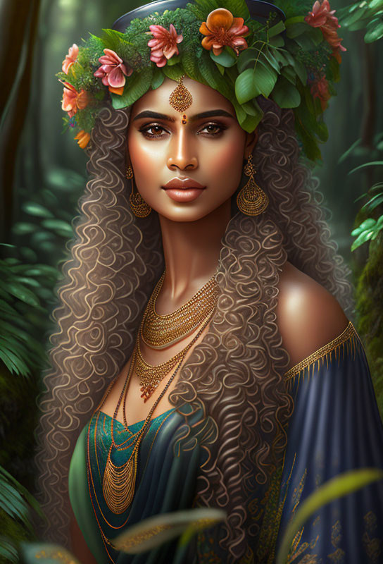 Digital portrait of woman with floral headpiece and traditional jewelry in forest