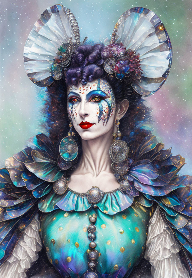 Elaborate fantasy makeup and costume with shell-like shoulder pads