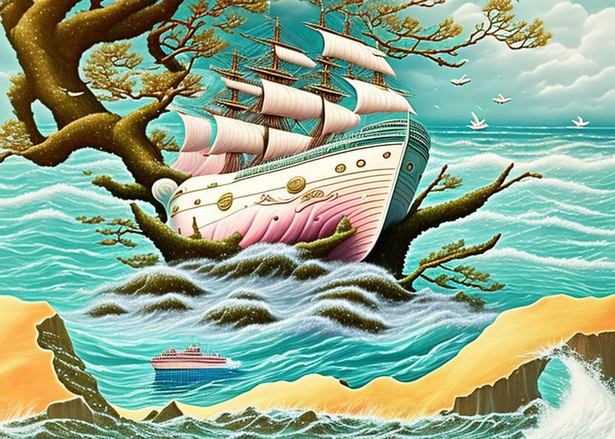 Illustration: Sea and sky merge with sailing ship, tree branches, birds, and steamer in