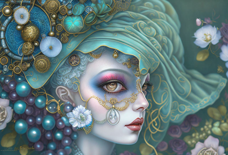 Female illustration with turquoise hair, golden ornaments, pearls, floral motifs, and intricate makeup.