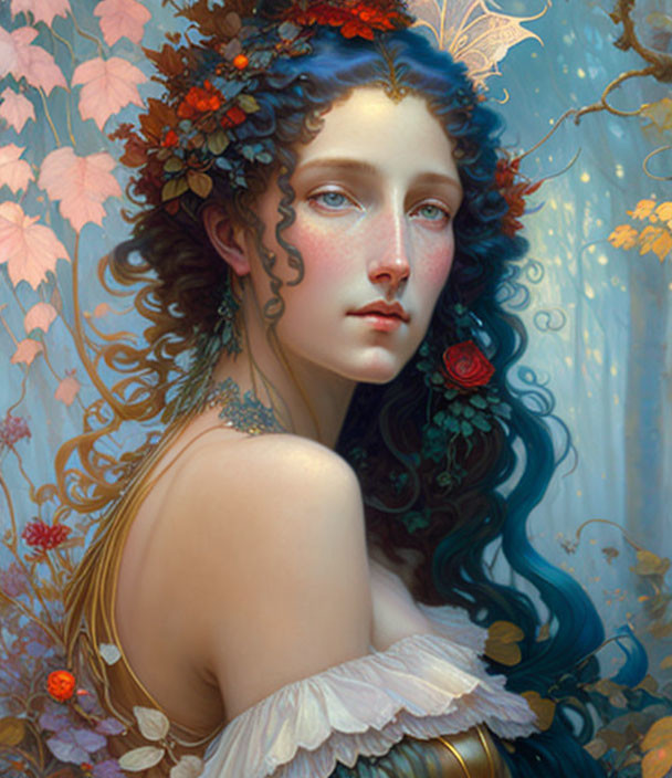 Fantasy-inspired digital artwork: Woman with blue hair and autumn leaves.