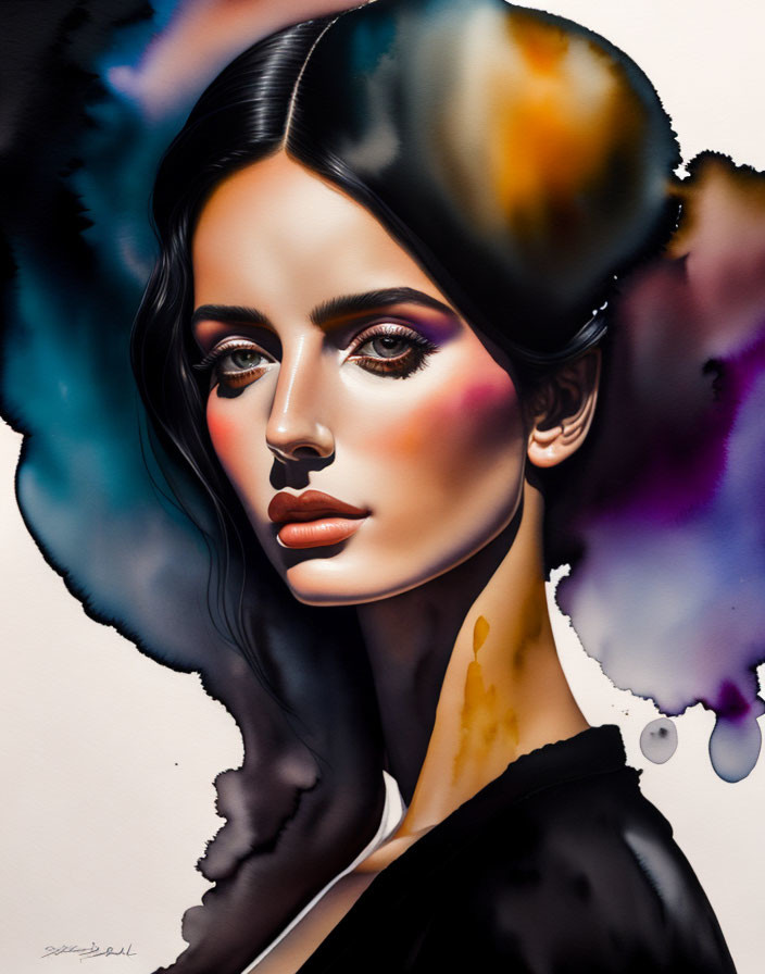 Vibrant digital portrait of a woman with abstract watercolor splashes