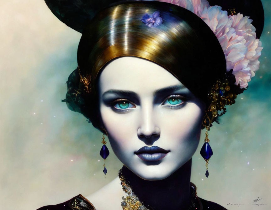 Portrait of a woman with blue eyes, gold headgear, flowers, and sapphire earrings