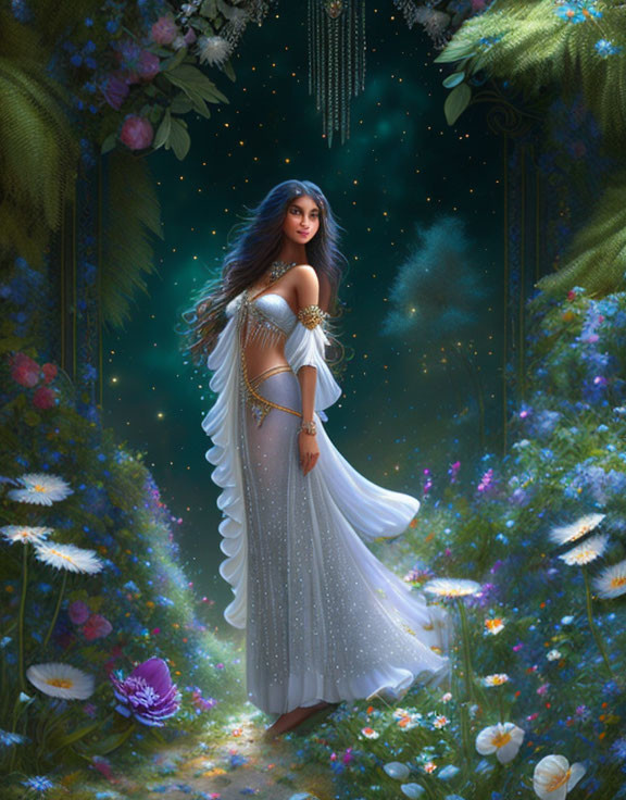 Woman in flowing white dress in magical forest with flowers and sparkling lights