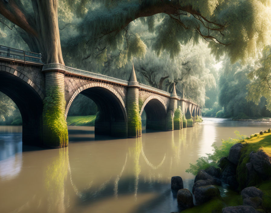 Stone arch bridge over serene river, framed by weeping willows and gentle sunlight.