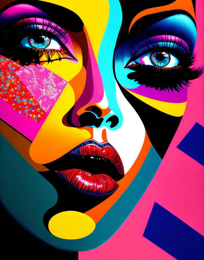 Colorful Pop Art Style Portrait of Woman with Bold Geometric Patterns