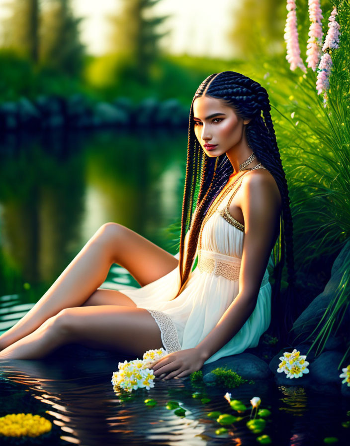 Woman with braided hair in white dress by tranquil pond surrounded by greenery.