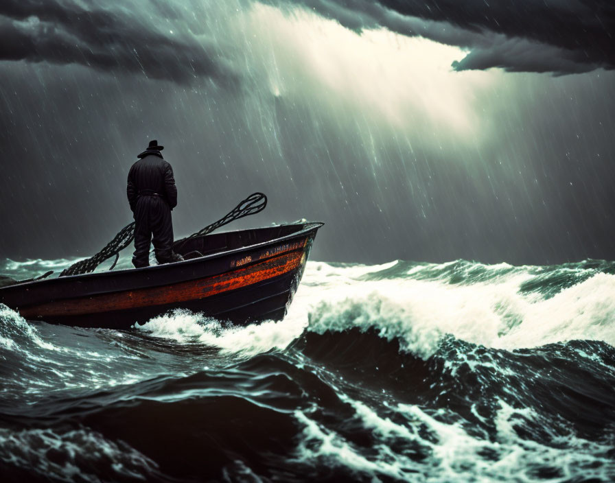 Person in hat on boat in stormy sea with rain.