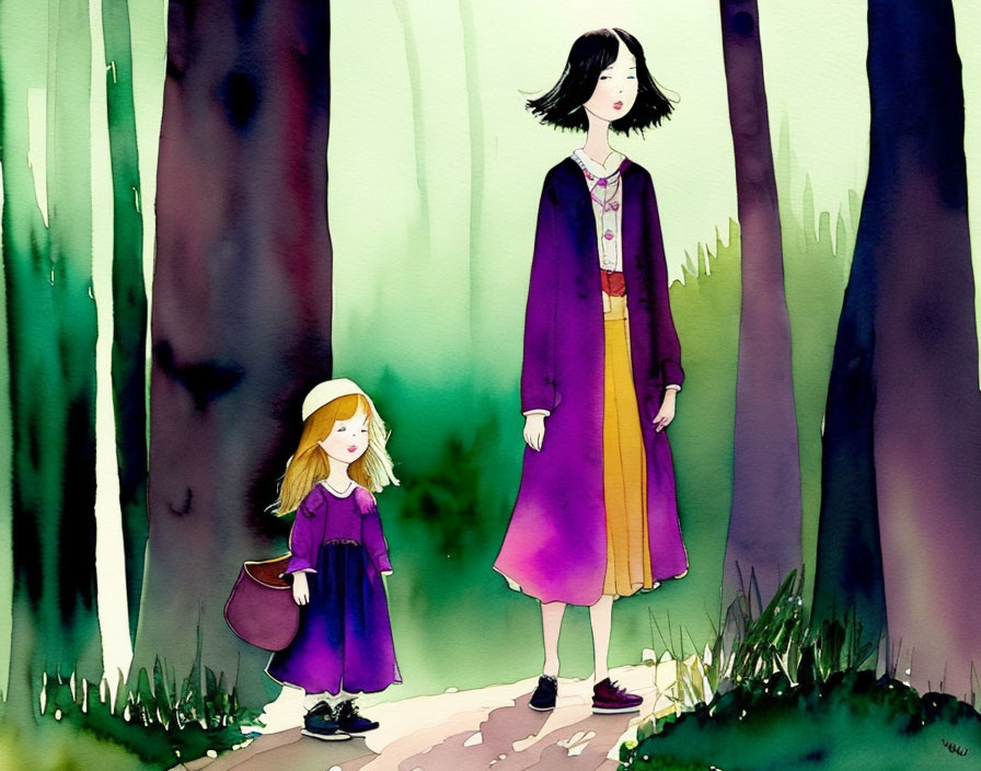 Stylized illustrated girls in whimsical forest, elder in purple dress, younger in yellow, ex