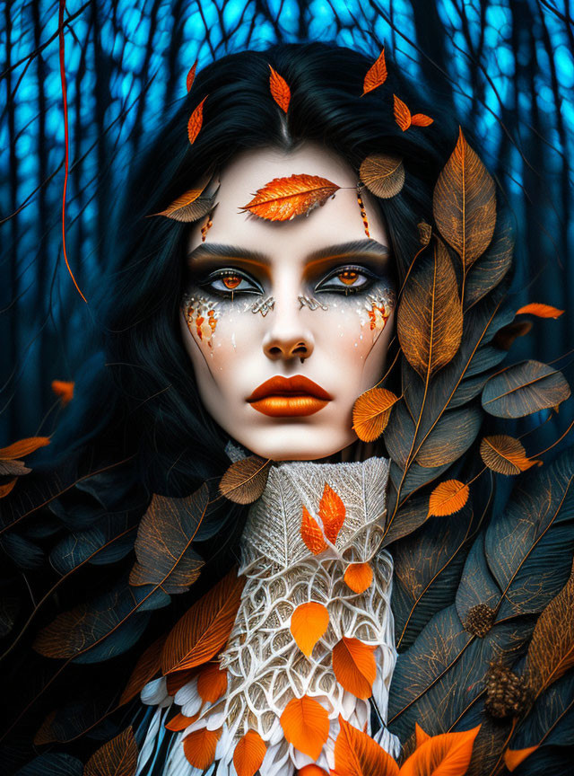 Dark-haired woman in autumn leaf makeup and attire against blue backdrop