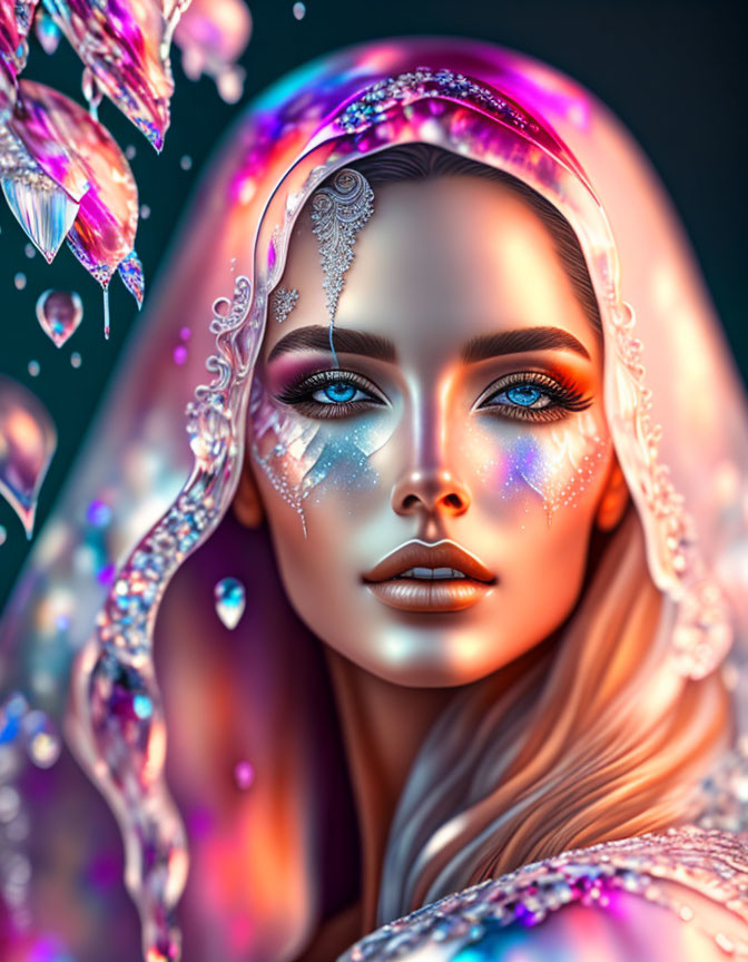 Digital artwork: Woman with blue eyes, ornate face art, jeweled hood