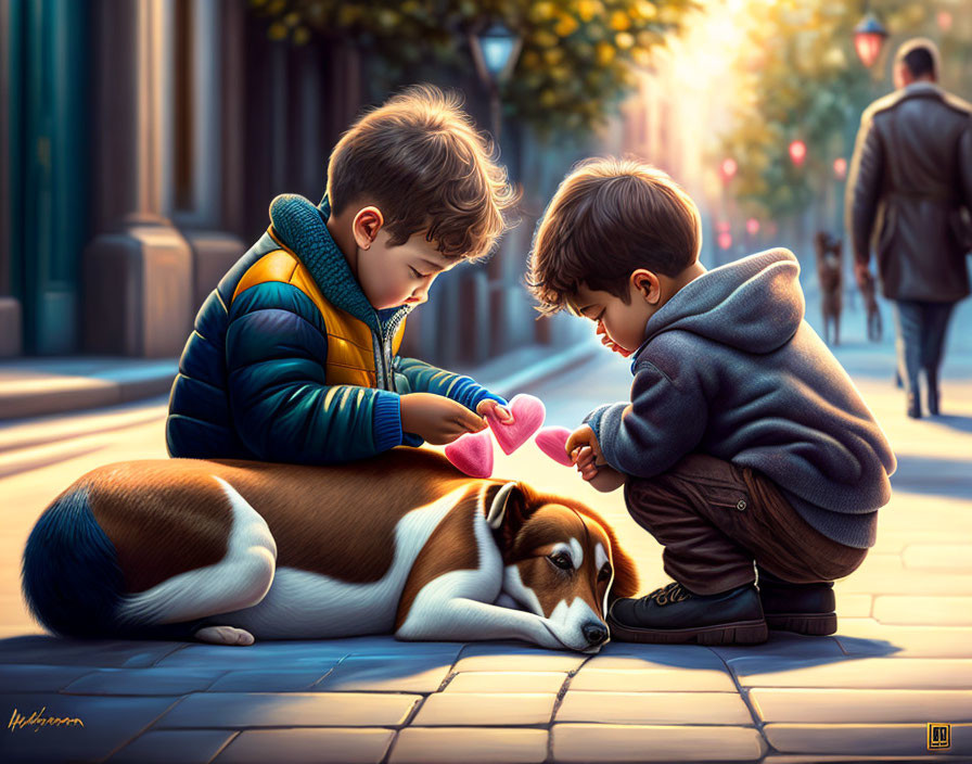 Children placing pink heart on sleeping dog in sunny street