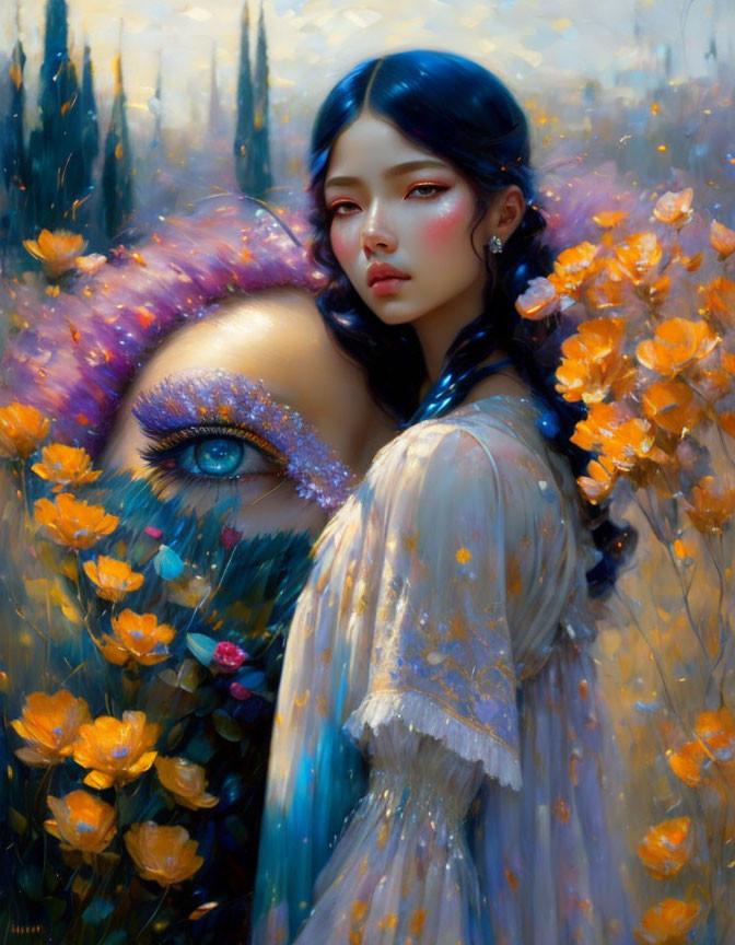 Surreal portrait of woman with dark hair and colorful eye surrounded by flowers