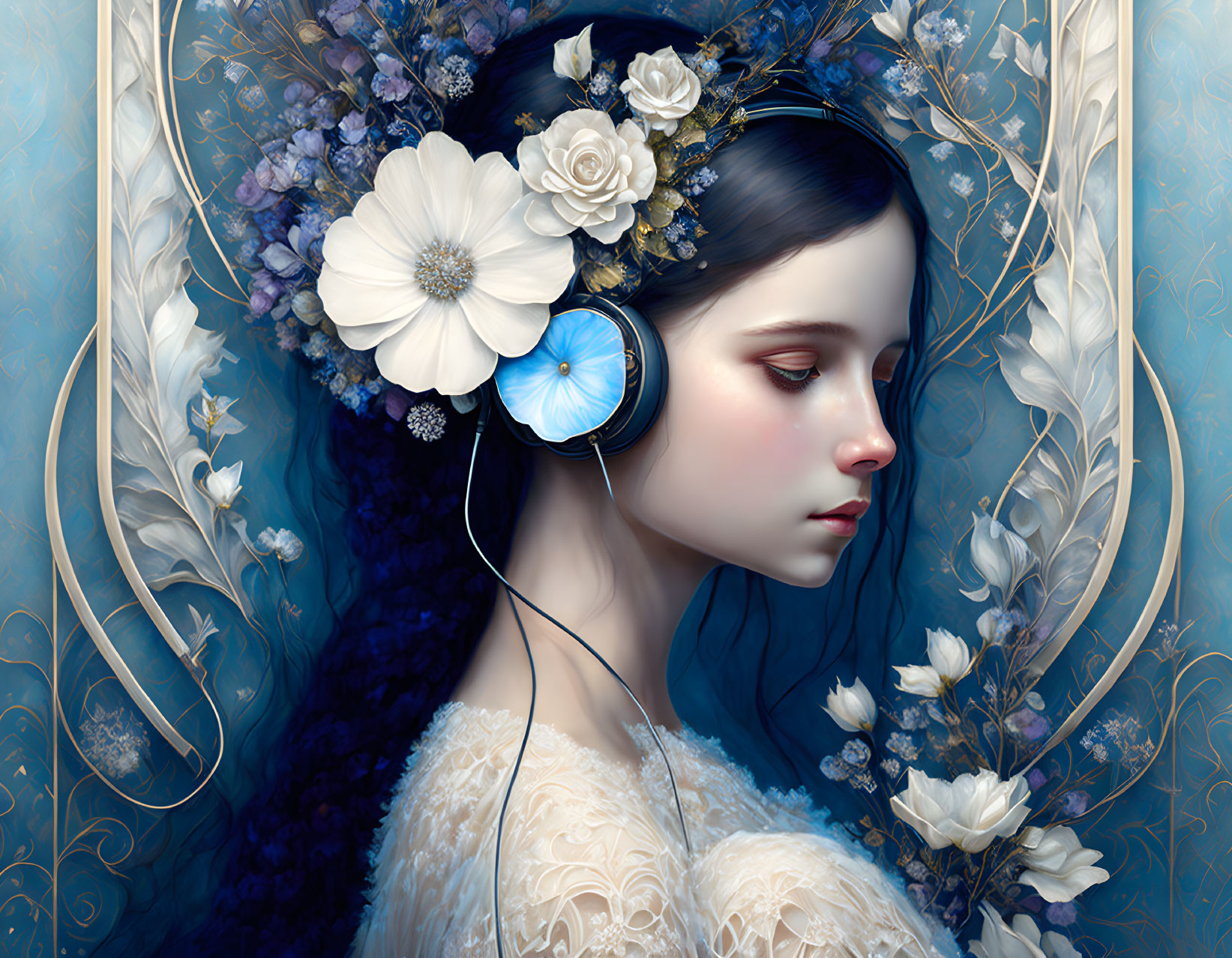 Portrait of young woman with dark hair, white flowers, blue butterfly, and headphones on floral blue background