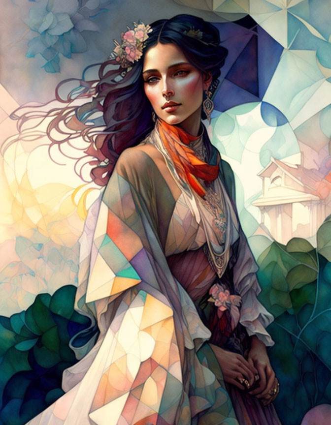 Illustrated woman with flowing hair, colorful geometric background, jewelry, floral crown, and classical architecture.