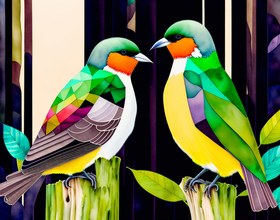 Colorful Geometric Birds Perched on Branches with Striped Background