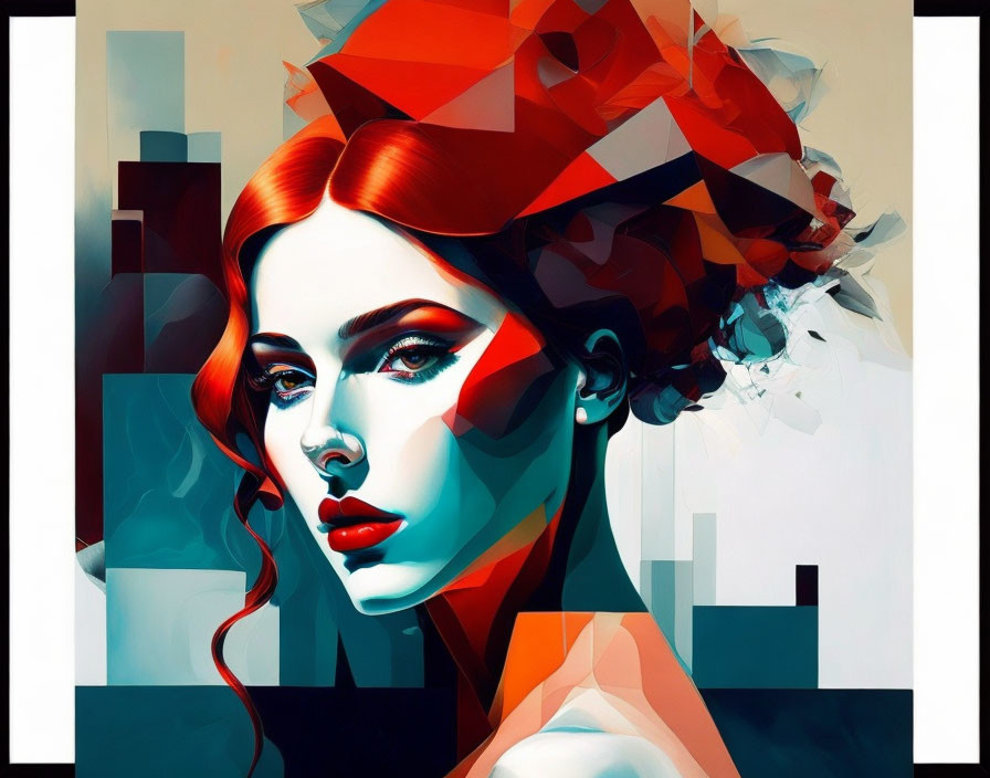 Vibrant digital artwork: woman with red hair, geometric shapes in red, blue, white