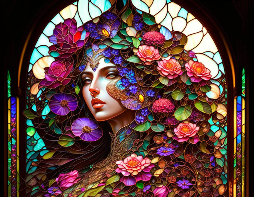 Colorful stained glass artwork of woman's face with floral pattern