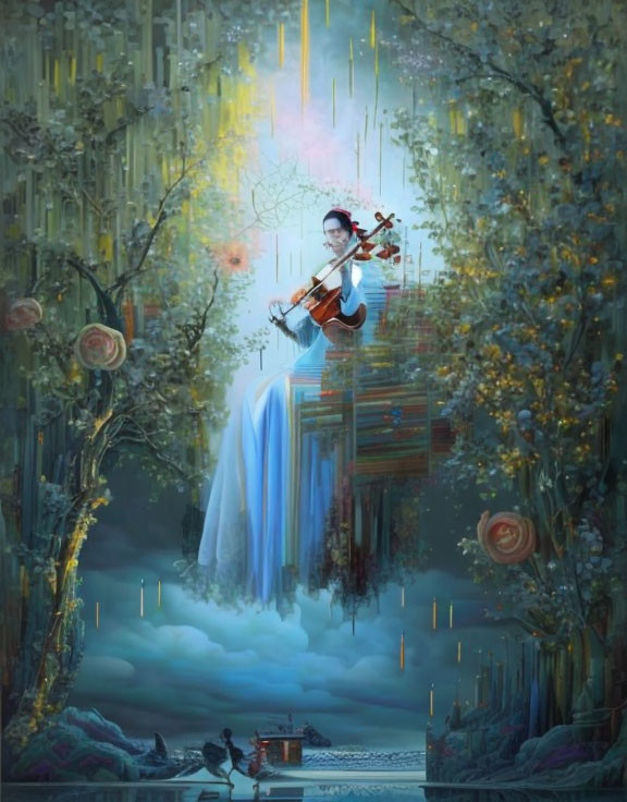 Violinist in Magical Landscape with Colorful Lights