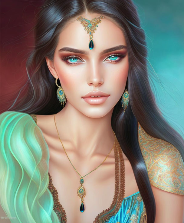 Woman with Striking Blue Eyes, Teal Hair, and Ornate Gold Jewelry