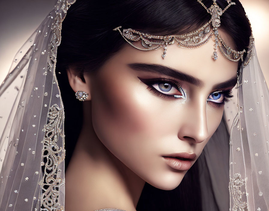 Portrait of person with striking blue eye makeup and elegant jewelry wearing sheer, embellished veil