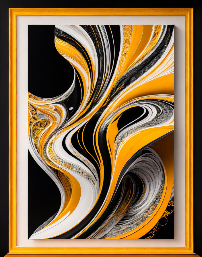 Colorful Swirl Art in Gold Frame on Black Background