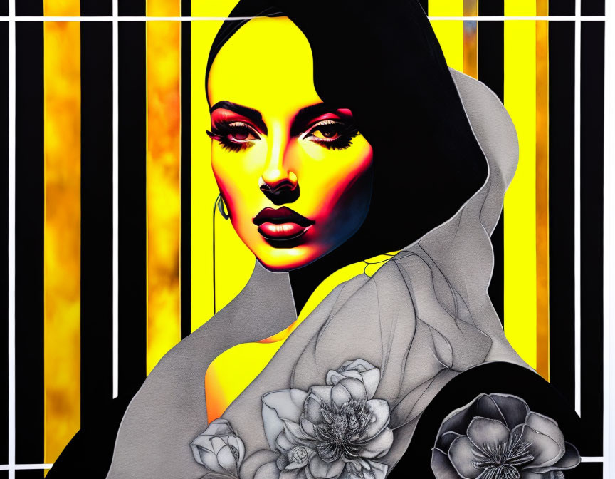 Digital portrait of a woman with bold makeup against yellow and black background.