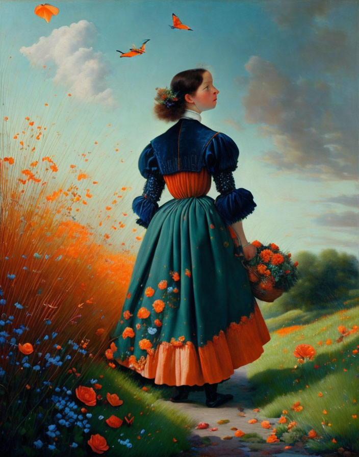 Woman in Vintage Blue and Orange Dress in Flower Field with Butterflies