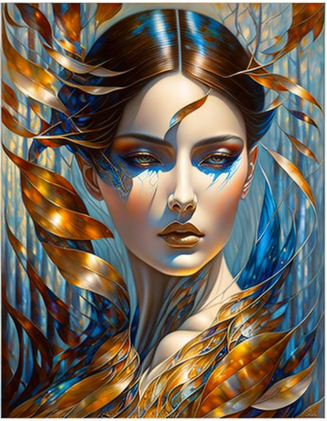 Woman with Flowing Hair and Feathers in Blue and Bronze Tones