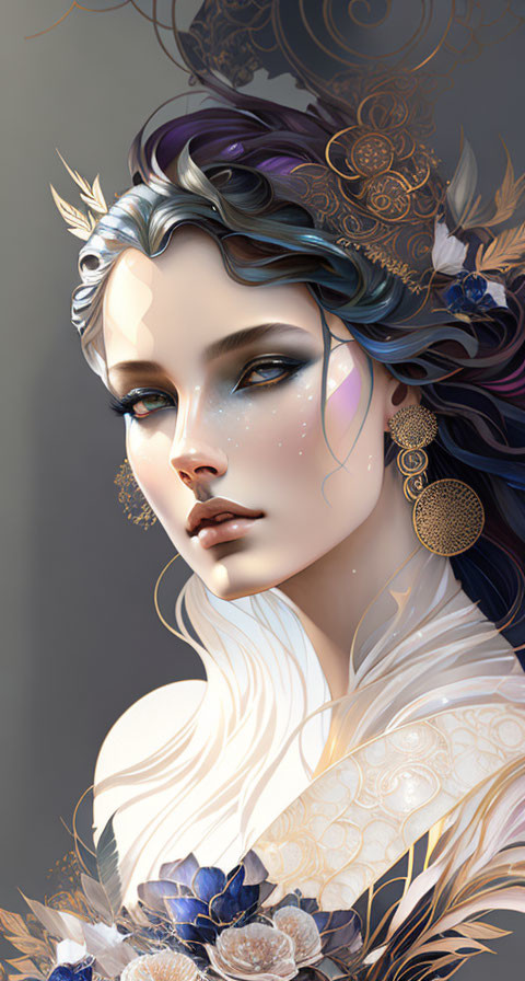 Fantastical woman with dark hair and gold accessories portrait.