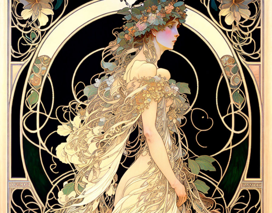 Art Nouveau Style Woman Illustration with Floral Motifs