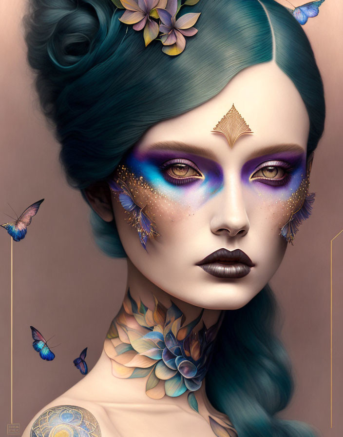 Portrait of Woman with Blue Hair, Butterfly Motifs, Flower Tattoos, Gold Leaf Face Adorn