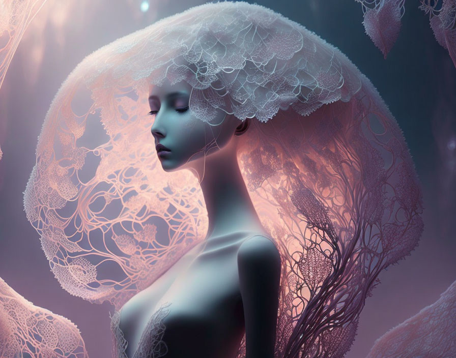 Ethereal female figure with lace headdress in mystical pink-tinted setting