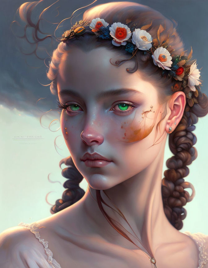 Digital portrait: Young woman with braided hair, green eyes, flower crown, freckles.