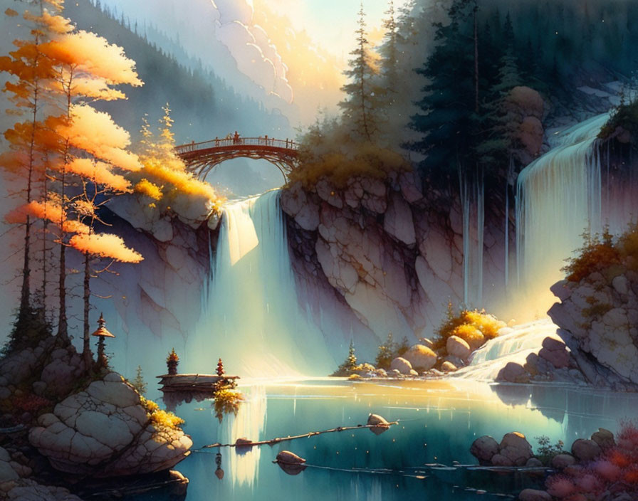 Fantasy landscape with waterfall, bridge, and illuminated trees at sunset