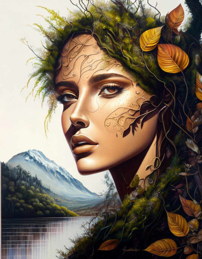 Portrait of a woman with nature elements against a mountain lake.