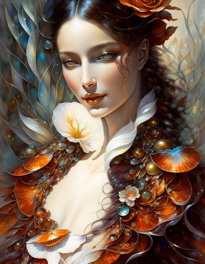 Fantasy Artwork: Woman adorned with flowers and jewels in rich autumnal colors