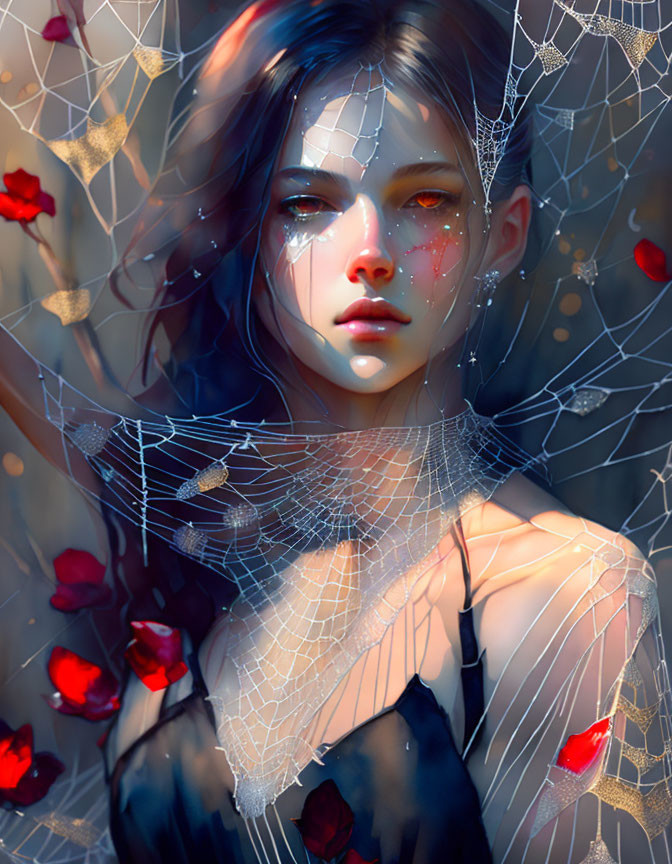 Digital artwork: Woman's portrait with spider web overlay and red petals