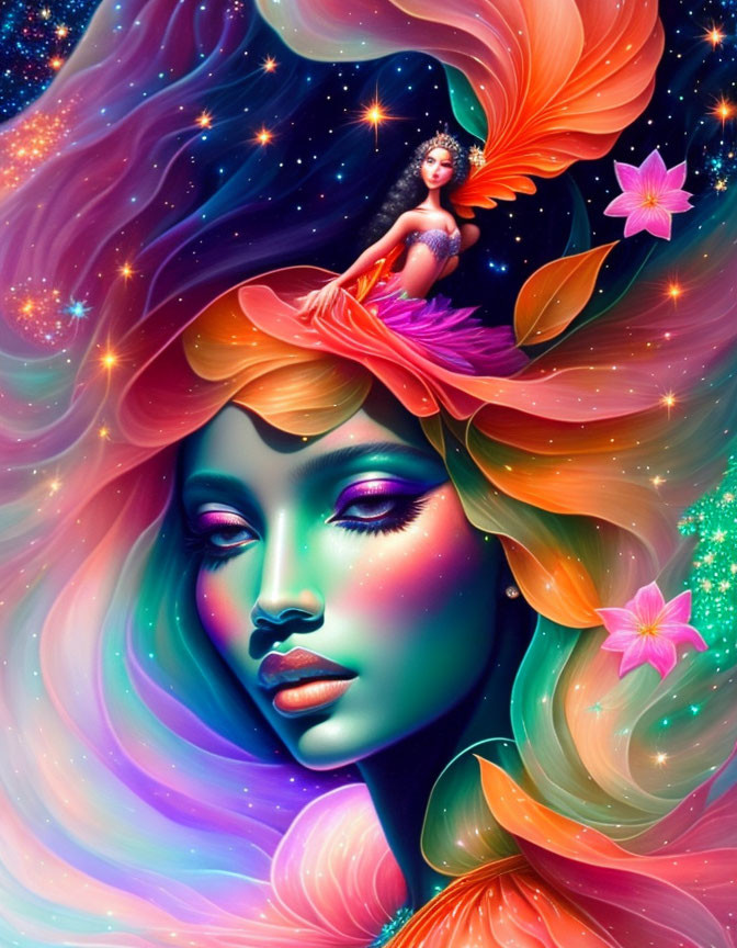 Colorful digital artwork of a woman with floral hair and a small figure on her head