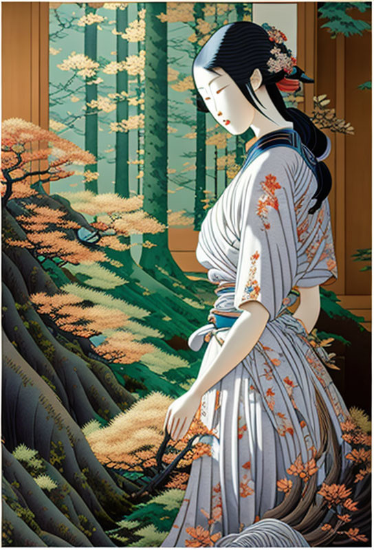 Traditional Japanese Woman in Kimono Admiring Autumn Forest