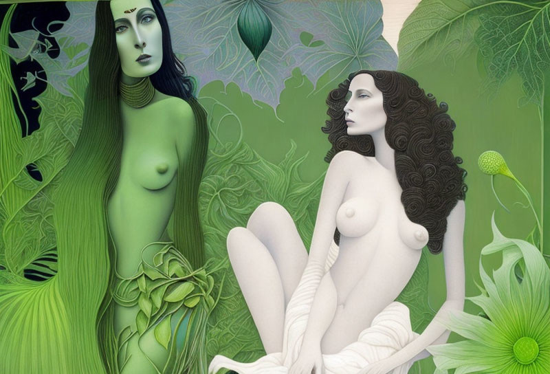 Stylized female figures with pale and green skin in nature-themed setting