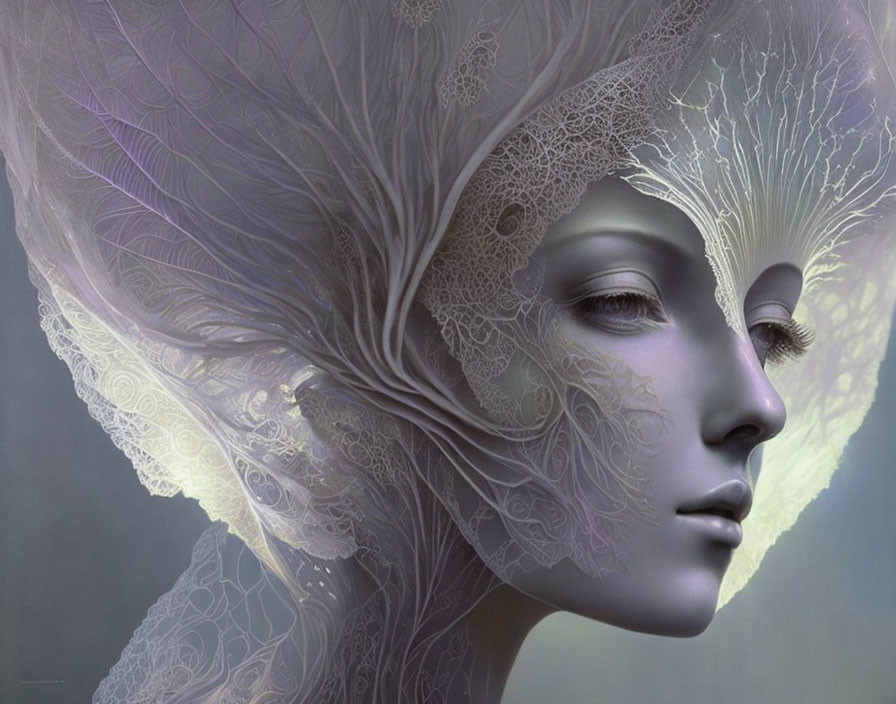 Monochromatic surreal artwork: humanoid figure with intricate lace patterns.