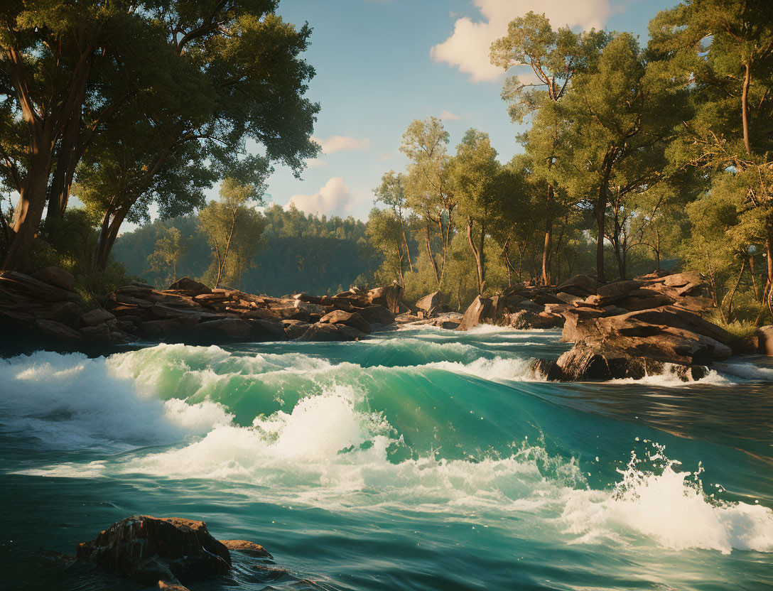 Tranquil river scene with gentle cascade and tree-lined banks